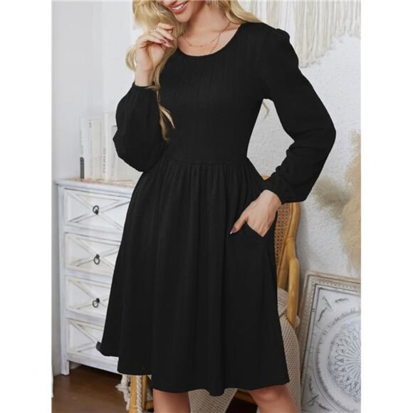 Women's Sweater Dress Ribbed Knit Black - Picture 3 of 6
